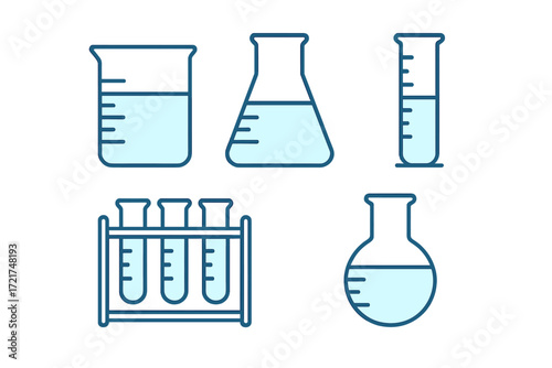 Assortment of essential laboratory glassware filled with blue liquid for scientific experiments and chemical research