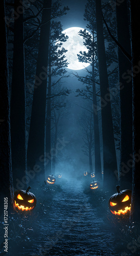 Spooky Forest Path: Enchanted Halloween Night with Glowing Jack-o'-Lanterns