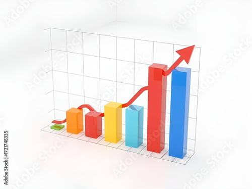 Bright multicolor 3D bar graph with red rising arrow on white grid background, illustrating progress, data analysis, and business development. Great for presentations and infographics.
