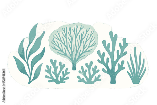 Stylized underwater botanical elements and coral reef shapes in diverse teal and turquoise hues, perfect for aquatic designs