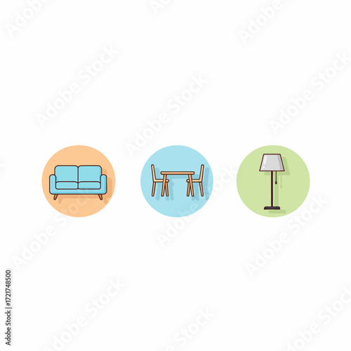 Furniture arrangement displayed in colorful circles representing interior design elements for a modern and minimalist home aesthetic.