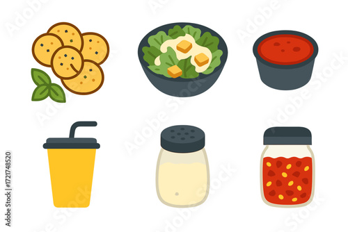 Collection of Italian restaurant food items including Caesar salad, marinara sauce, parmesan cheese, red pepper flakes, and breadsticks