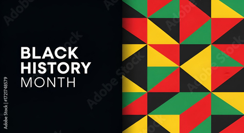 A modern graphic with a geometric pattern in Pan African colors red green and yellow for a Black History Month banner celebrating heritage culture and freedom.