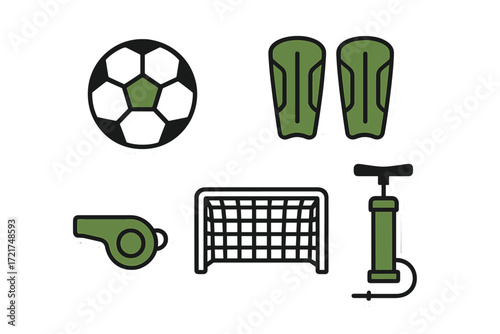 Essential soccer equipment collection featuring ball, shin guards, goal, whistle, and pump for sports activity