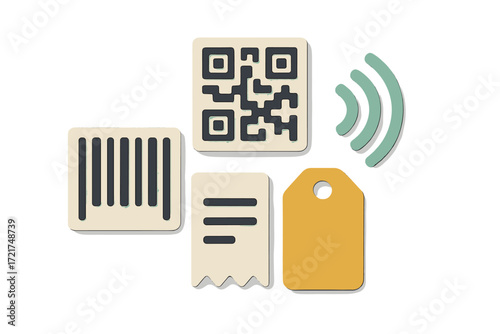 Digital identification and payment symbols including barcode, QR code, wireless signal, price tag, and receipt icon