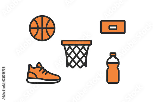Basketball game equipment and accessories including ball, hoop, shoe, backboard, and water bottle for athletic activities