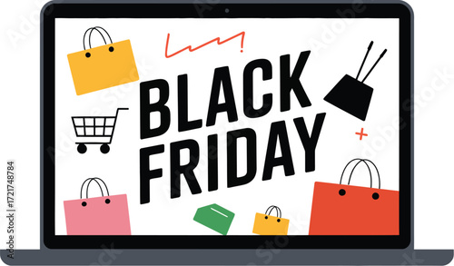 Exciting Black Friday shopping concept with colorful bags and a laptop screen
