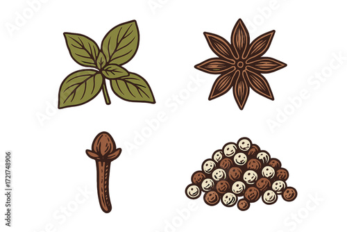 Assortment of aromatic cooking spices and herbs featuring basil, star anise, clove, and peppercorns