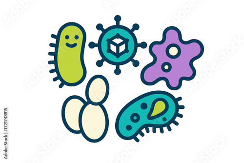 Diverse microscopic organisms including bacteria, viruses, and amoebas in a colorful scientific collection