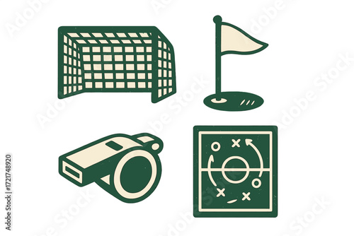 Collection of sports equipment and game strategy elements: soccer goal, golf flag, whistle, and tactical board