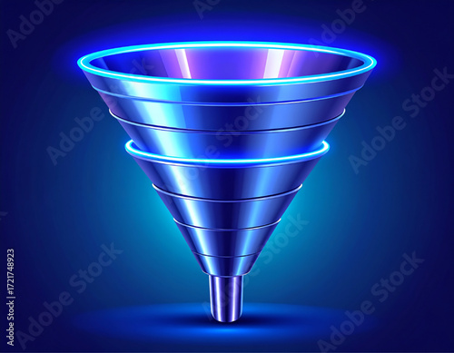 Illustration of a shiny, metallic blue funnel with glowing neon blue light outlining its layered structure against a dark blue background.