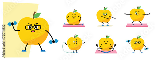 character meditate in yoga pose. Outdoor sports. Cartoon, Happy apple.