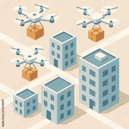 Isometric illustration of delivery drones transporting packages in an urban environment