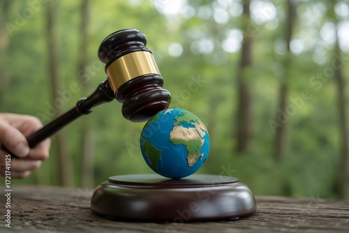 Environmental justice concept with a judge s gavel striking a small globe resting on a wooden block in a lush green forest setting symbolizing legal protection for nature and sustainable development