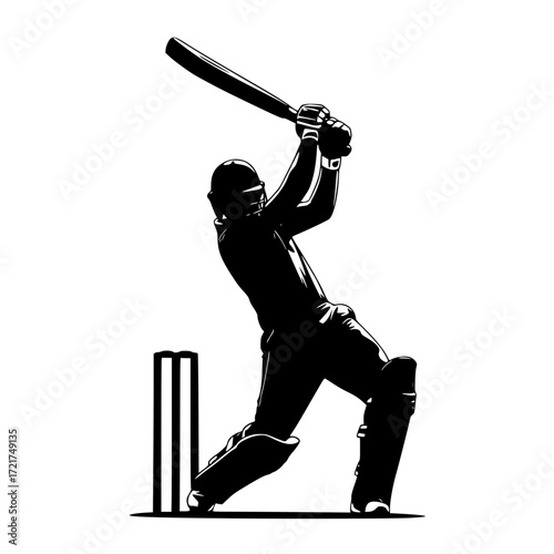 Dynamic cricket batsman silhouette striking ball with power capturing the intensity of the sport in a timeless vector sports illustration