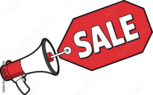 Megaphone announcing a big red sale tag, perfect for promotions and marketing.