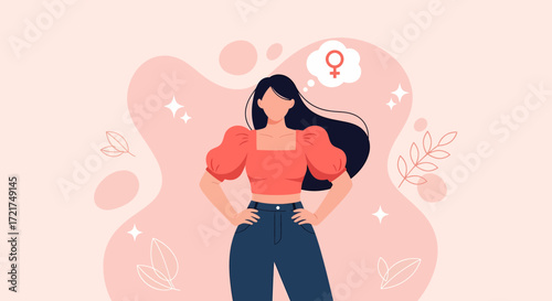 Confident Woman with Venus Symbol Thought Bubble in Coral Top and Dark Jeans.