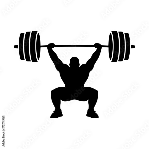 Dynamic silhouette of strong weightlifter lifting heavy barbell overhead showcasing strength power and intense focus in fitness training