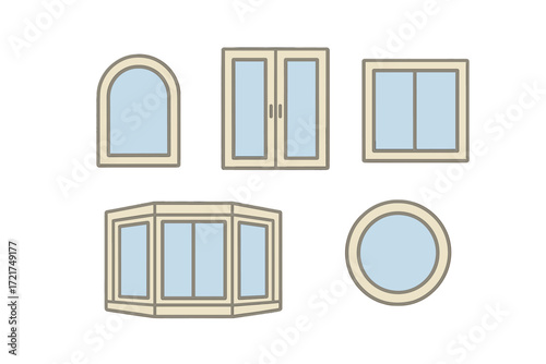Architectural window designs featuring different shapes and styles for building and home construction projects
