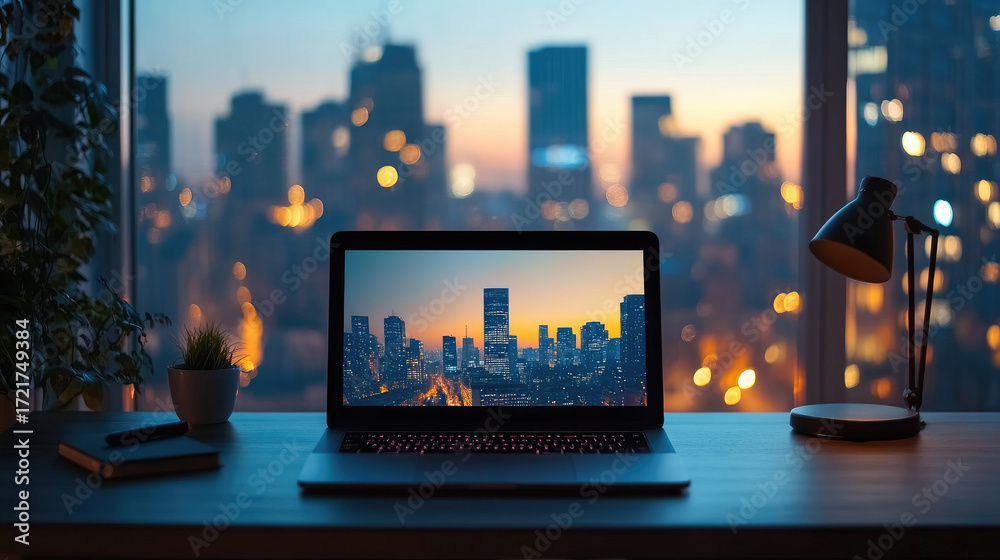Obraz premium Modern laptop displaying a generic cityscape chroma key mockup template is placed on a desk near a window with a real cityscape sunset view and some plants