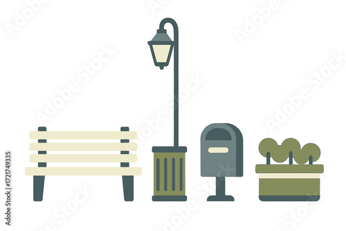 Essential public park and street amenities such as a seating bench, light pole, garbage receptacle, mail drop, and decorative shrubbery