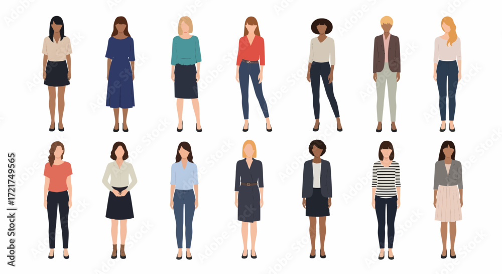 © KMB - Diverse group of stylized women in various professional and casual attire. © KMB - Diverse group of stylized women in various professional and casual attire.