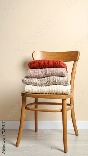 Cozy stacked blankets on a wooden chair.