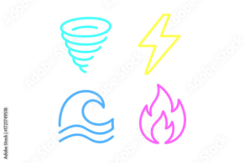 Vibrant outline icons for natural elements and weather phenomena including tornado, lightning, wave, and fire