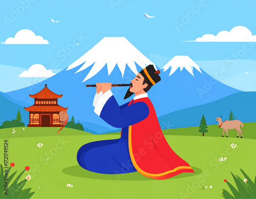 Man in traditional clothing plays flute outdoors with a temple and mountains in the background.