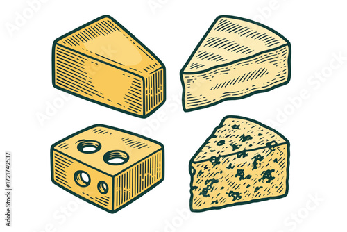 Assortment of cheese types: cheddar, Swiss, brie, and blue cheese wedges and blocks for dairy food and culinary themes