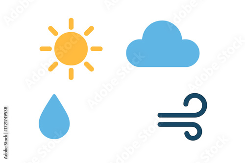 Minimalist weather forecast symbols set with icons for sunny, cloudy, rainy, and windy conditions, a modern graphic element