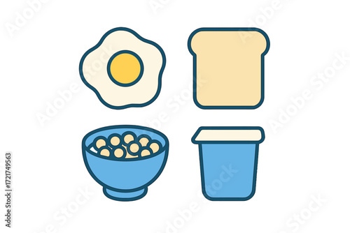 Collection of breakfast food icons featuring a fried egg, a slice of bread, a bowl of cereal, and a yogurt cup