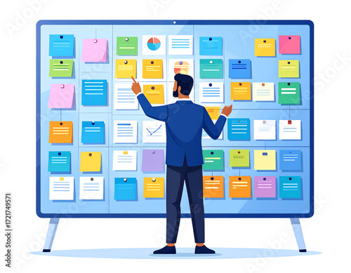 Businessman reviews colorful sticky notes on a large interactive whiteboard.