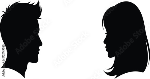 Black silhouette profiles of two people facing each other, short spiked hair and long straight hair with bangs, minimalist vector illustration