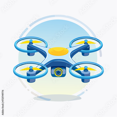 A blue and yellow drone with four propellers hovering in the air.
