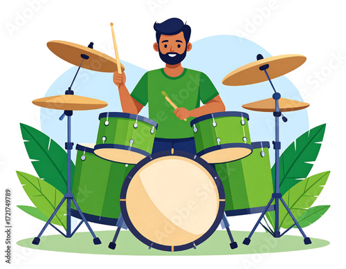 A cartoon man plays a set of vibrant green drums, smiling and holding drumsticks.