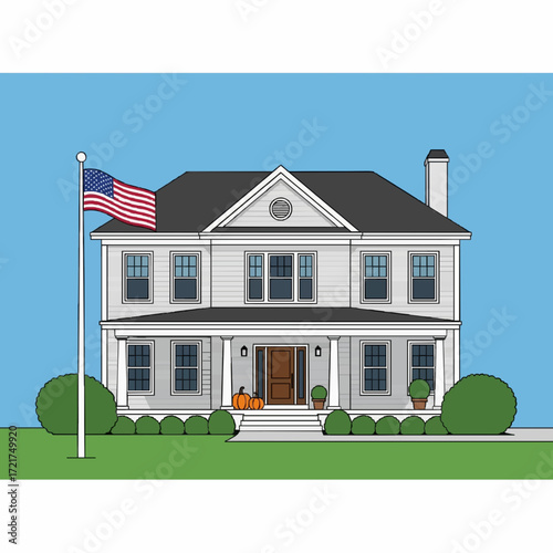 Elegant illustration of a classic American colonial house with a waving flag, representing the suburban dream and a welcoming home