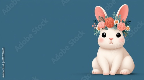 Cute Cartoon Bunny with Floral Crown in Spring Pastels – Cute Cartoon Rabbit with Flower Crown on Blue Background  ideal for greeting cards, spring decor, or children’s seasonal products