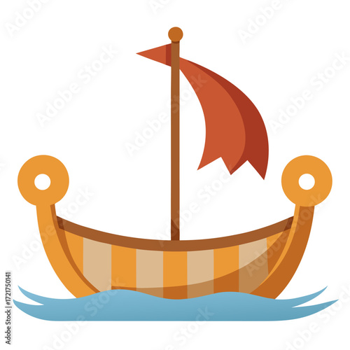 Wooden Viking longboat with oar on water vector on white background.