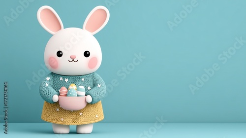 Playful Bunny in Colorful Sweater with Easter Eggs – Cute Bunny with Easter Eggs in Colorful Sweater on Blue Background  ideal for greeting cards, spring decor, or children’s seasonal products