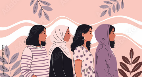 Diverse women in profile wearing hijab hoodie floral dress and striped shirt.