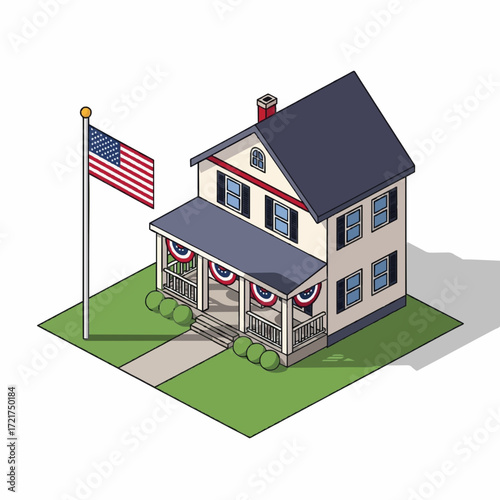 Isometric illustration of a classic American house decorated for a national holiday, a symbol of patriotism and community