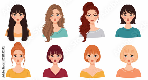 Diverse women portraits with various hairstyles and clothing in a flat vector style.