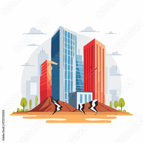 Cityscape with earthquake damage, buildings collapsing, ground cracked.