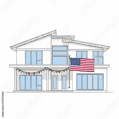 A detailed line drawing of a modern two-story house decorated with an American flag and colorful bunting for a patriotic celebration