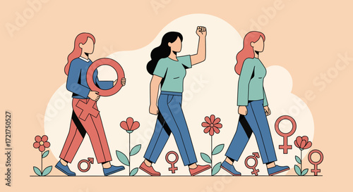 Empowered women marching for equality with raised fist and gender symbols.