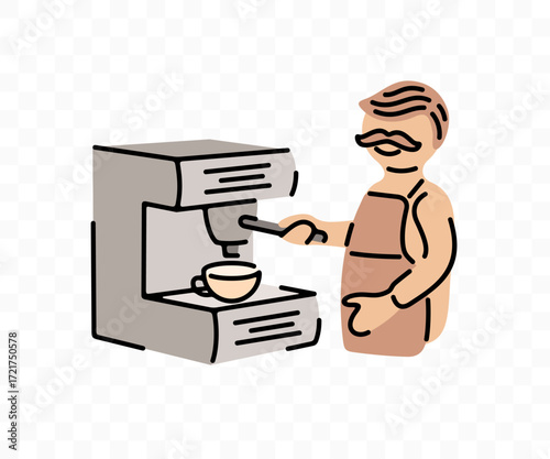 Barista working making coffee with coffee machine, graphic design. Cafe, coffeeshop and coffee house, vector design and illustration