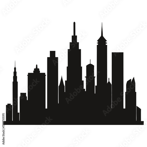 Modern city skyline with skyscrapers and tall buildings black vector on white background.