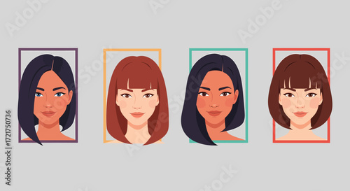 Four diverse women portraits with varying hairstyles and colorful frames.