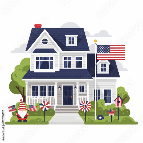 A charming suburban family home celebrating an American holiday with patriotic decorations, flags, and a festive garden gnome